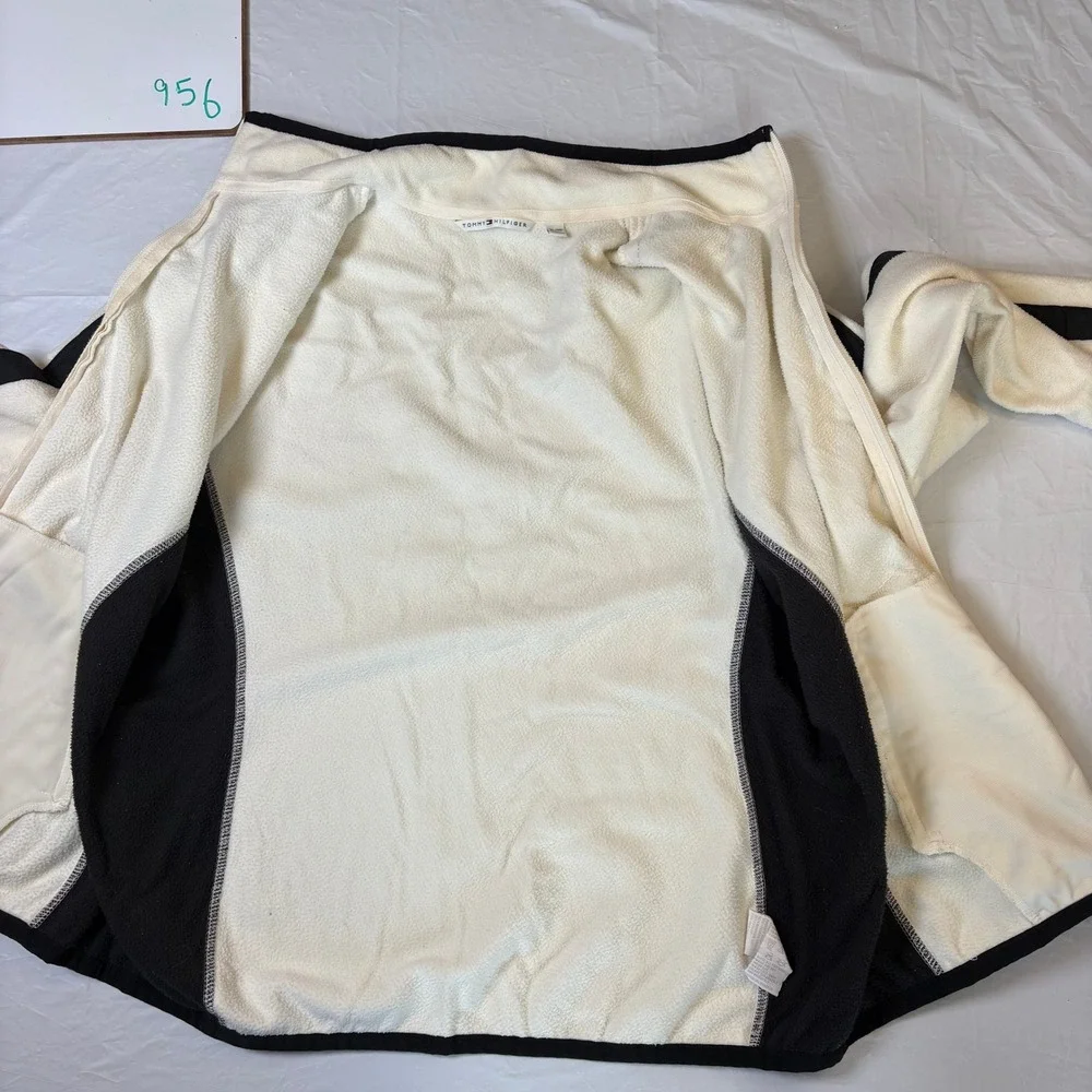 Tommy Hilfiger Womens XL Full Zip Fleece Jacket Cream Black Colorblock Mock Neck